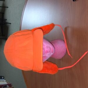 Vintage Blaze Orange Fleece Trapper Hunter Hat Cap Ear Flaps Made In USA Medium